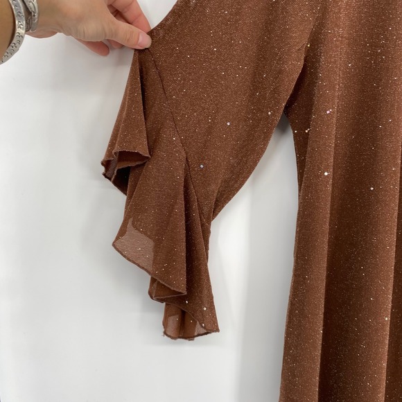 Chocolate Brown Sparkle Top Bell Sleeve Size L Fairy Grunge Date Night Going Out - Picture 13 of 17